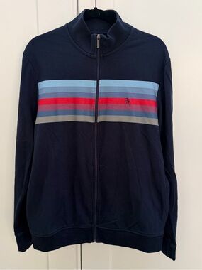 Original Penguin Navy Zip-Up Sweater with Blue and Red Chest Stripes